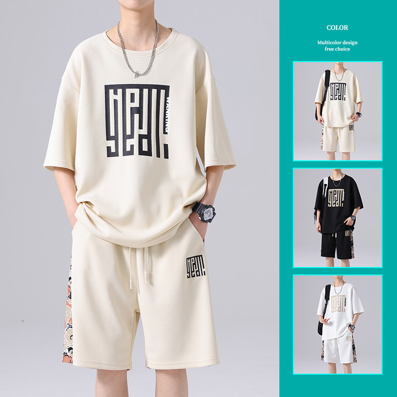 2024夏季冰丝套装男潮流印花两件套短裤短袖休闲A155-WTZ01-TP50,男装休闲套装,电商A155