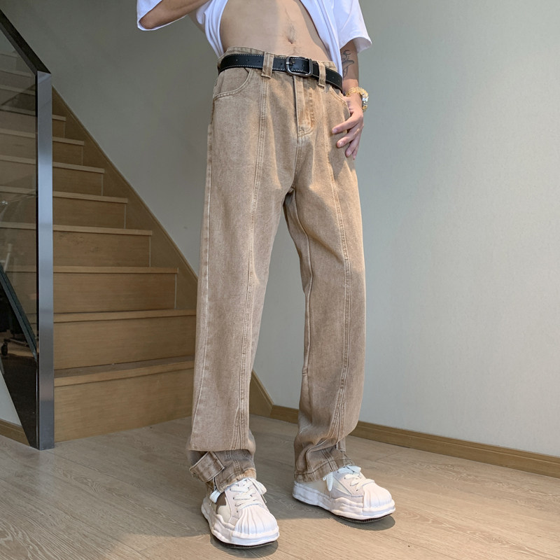 2024春季浅色牛仔裤拼接款潮牌男女同款牛仔长裤子A155-QK19-TP55,男装牛仔裤,电商A155