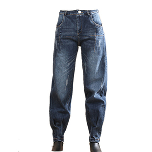 女裤 中腰弹力束脚灯笼裤 2022新款 大码 春秋水洗磨白牛仔裤 斯琴风格