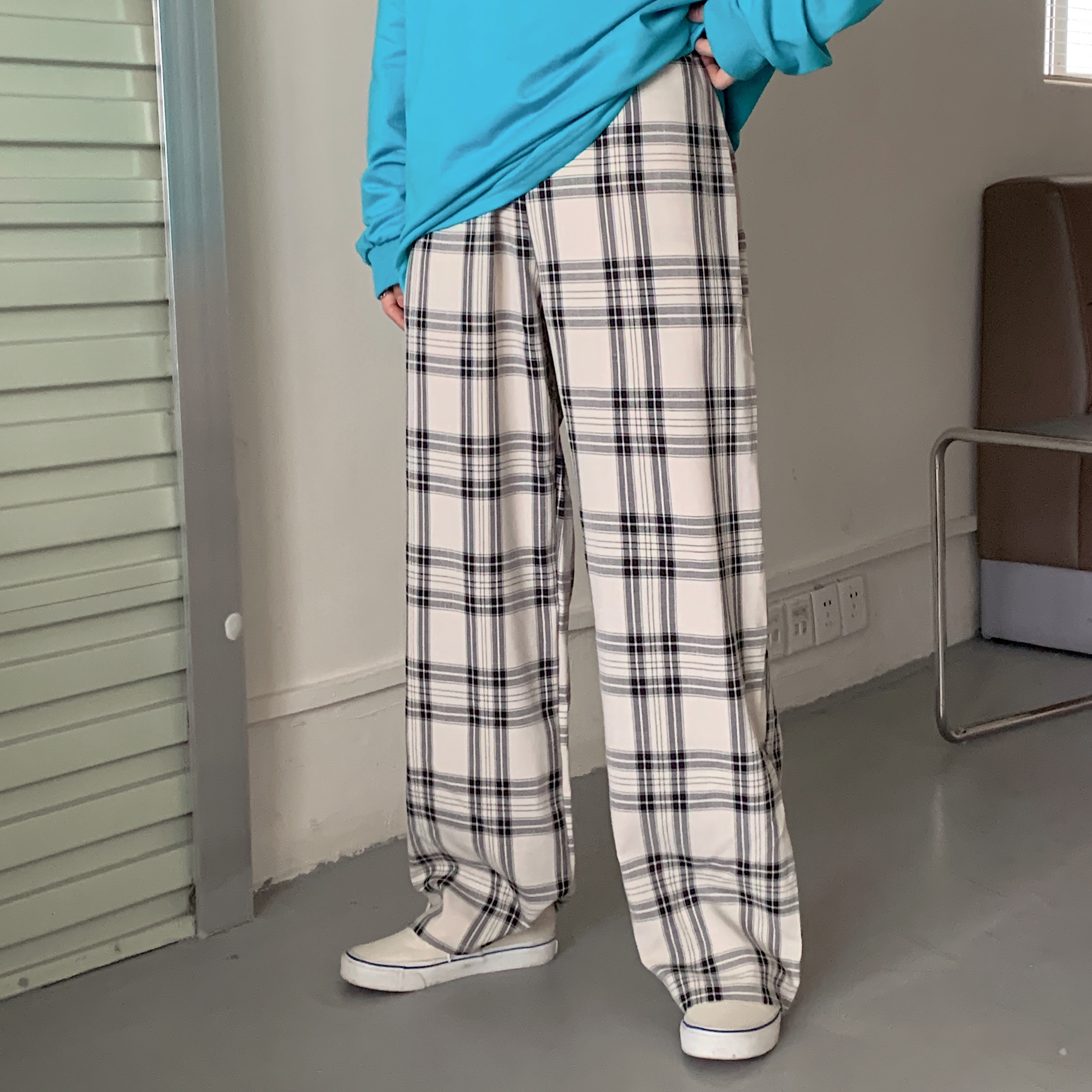 Real photo plaid pants women's pants new summer high waist drop feeling net red loose straight tube leisure wide leg spring and Autumn