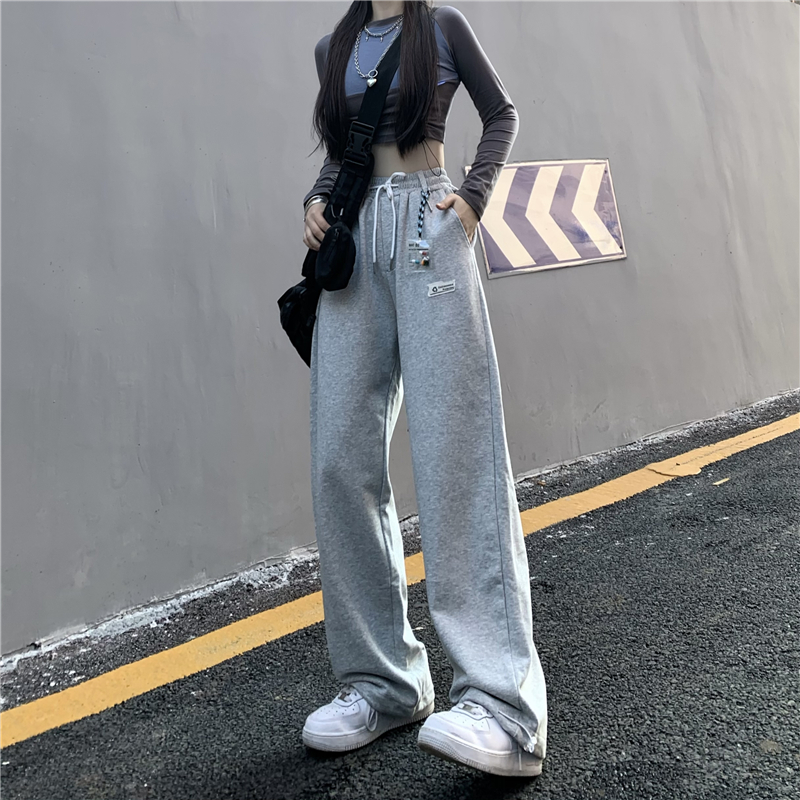 Hong Kong style retro leisure sports pants women's embroidered elastic waist spring summer pants wide leg slim Leggings