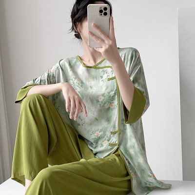 春夏棉绸女中式汉服中袖高颜值时尚睡衣外穿宽松人造棉家居服套装