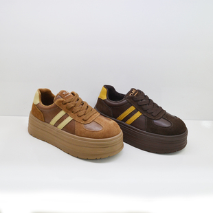 冰洁女鞋2025冬季新款真皮松糕底加绒轻便休闲运动鞋德训鞋 88520