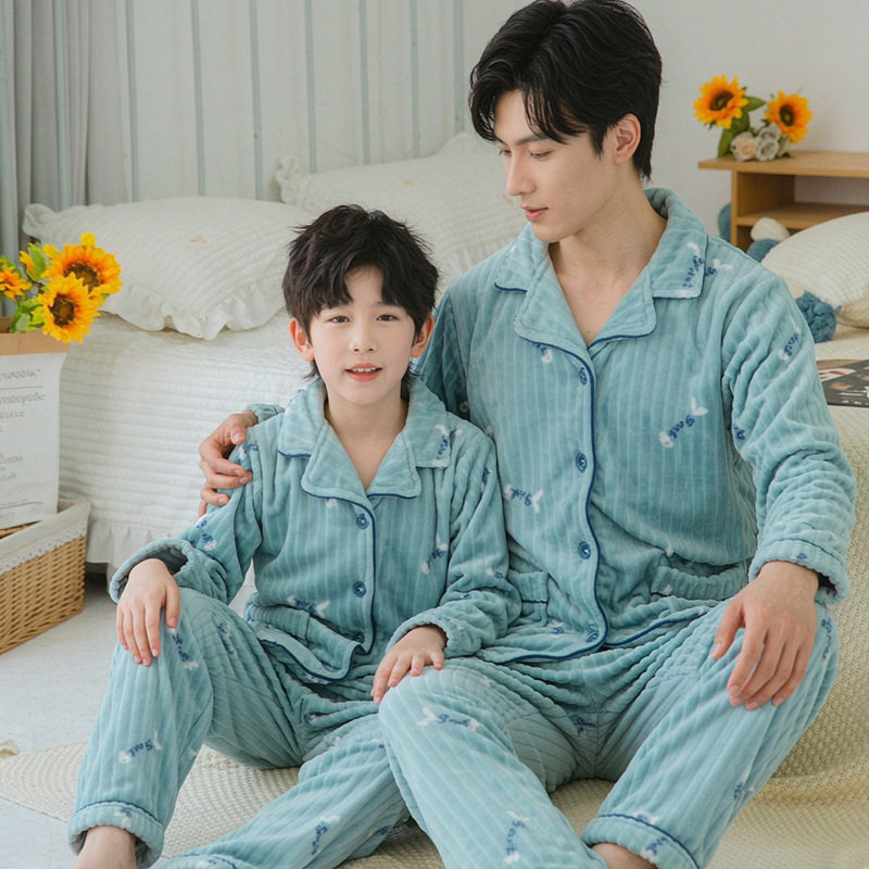 秋冬款儿童法兰绒睡衣男童女童珊瑚绒亲子装大人套装中大童家居服