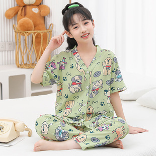 夏季亲子绵绸家居服轻薄女童棉绸大人睡衣短袖长裤套装男童空调服