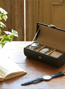 日本代购 茶谷产业Elementum 黑色皮质三支装手表收纳盒便携表盒