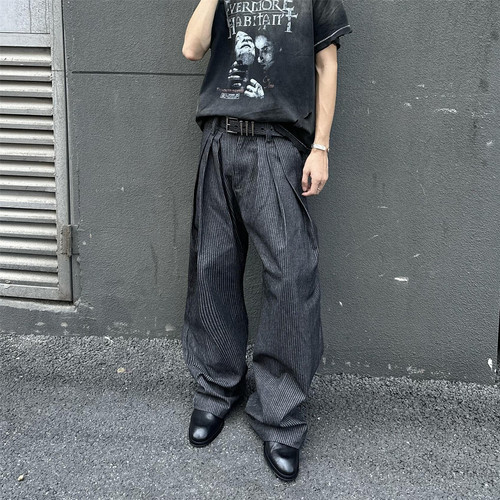 复古老钱风原牛色三褶条纹牛仔裤