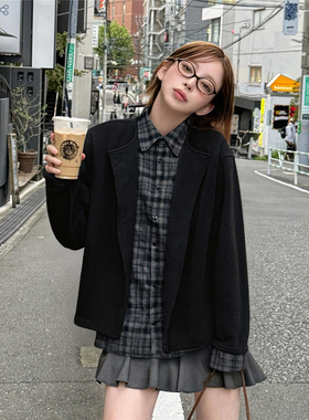 RuleByMe假两件拼接翻领长袖衬衫男女老钱风cleanfit针织开衫外套