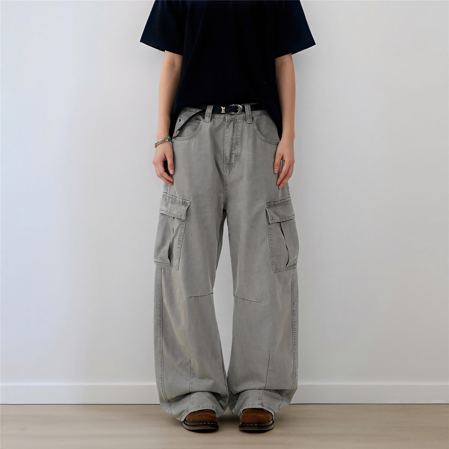 RBM复古褶皱baggy显瘦工装裤