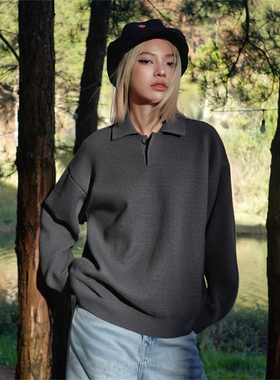 RULE BY ME 高密厚实复古老钱风小翻领毛衣男女宽松衬衫领针织衫