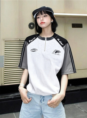 RULE BY ME 复古条纹拼接字母印花半拉链短袖男女宽松休闲夏季T恤