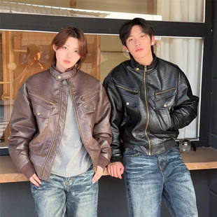 RuleByMe荔枝纹PU皮衣座山雕棉服夹克男女秋冬加绒加厚机车服外套