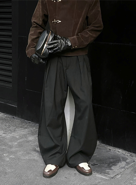 RBM 条纹打褶老钱廓形弯刀垂感立体显瘦休闲西裤百搭痞帅阔腿长裤