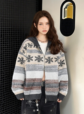 RULE BY ME 费尔岛针织连帽开衫复古百搭毛衣氛围感混纺休闲外套