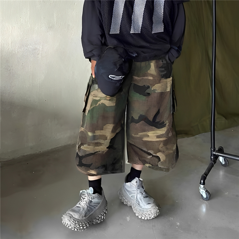 RULE BY ME 美式工装迷彩vibe风七分裤男女宽松直筒阔腿七分短裤