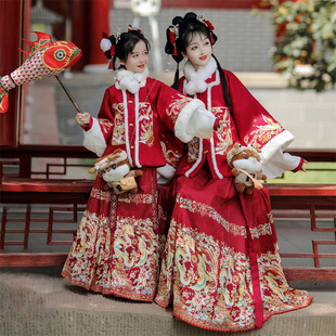 新款明制汉服女拜年服亲子装龙凤呈祥原创马面裙古装冬日战袍2023