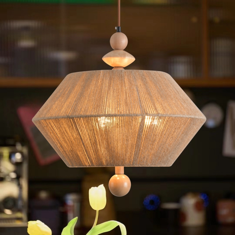 侘寂风餐厅卧室书房实木麻绳吊灯