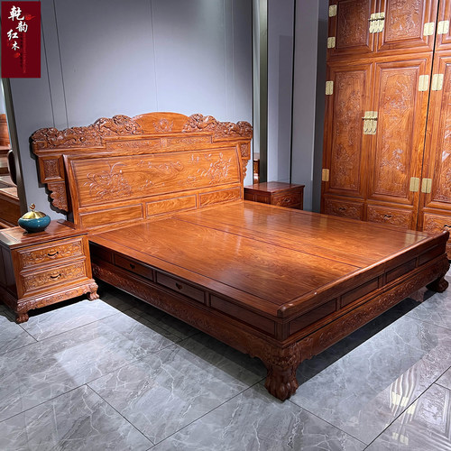深雕国标缅甸花梨麒麟大脚床