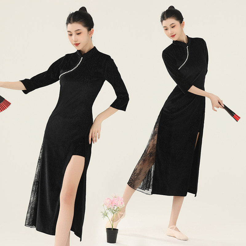 2026新款扇子舞旗袍女古典丝绒拼接蕾黑色珍珠开叉民国舞蹈连衣裙