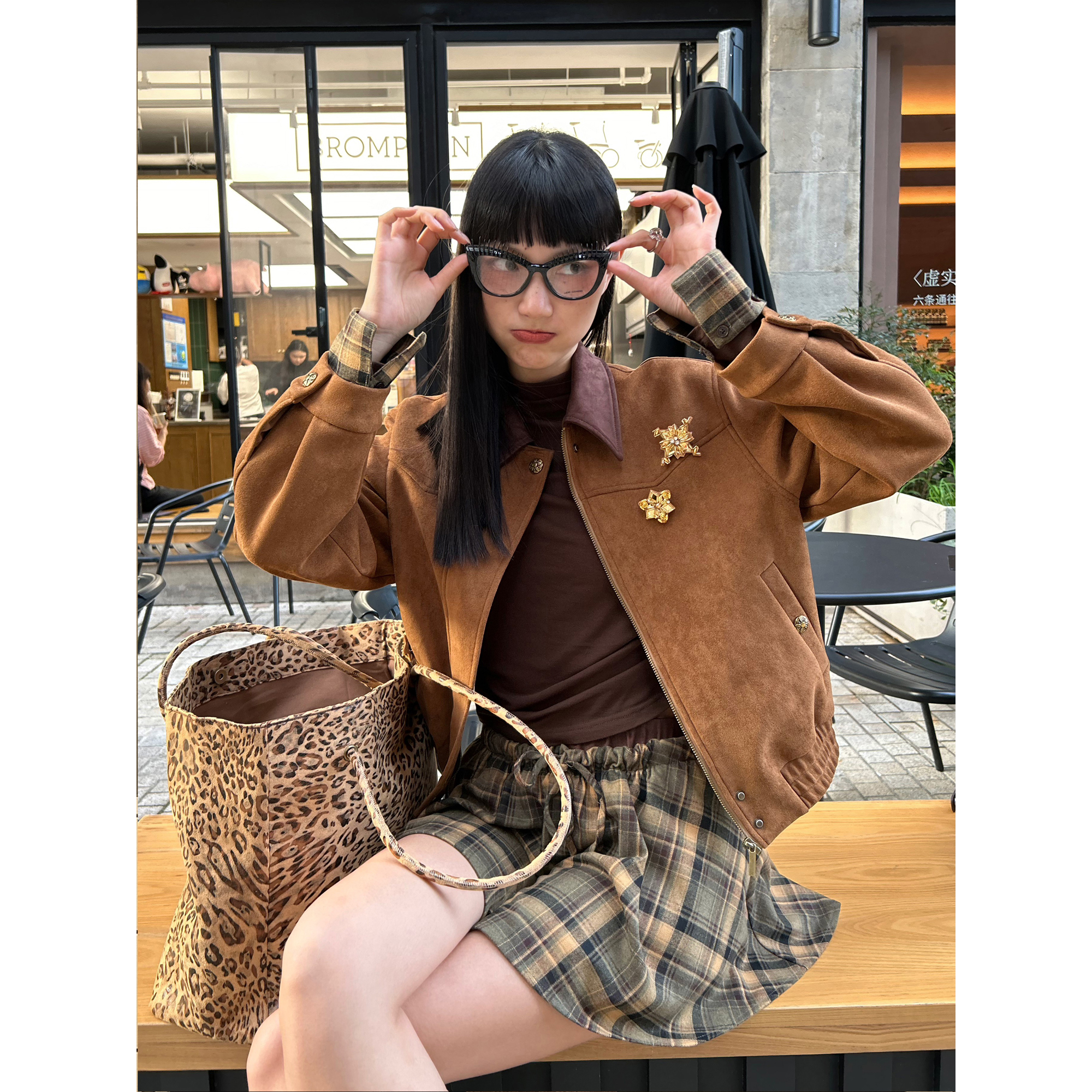 AlinsHouse麂皮绒拉链宽松夹克美式复古拼色chic可拆卸金属花外套