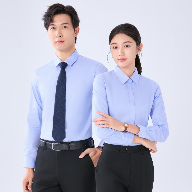 高棉CVC商务长袖衬衫男女同款修身翻领职业正装工作服浅蓝色衬衣