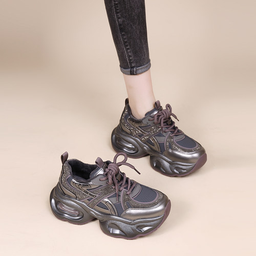 时尚百搭运动休闲鞋女2025秋冬加绒保暖棉鞋子小个子增高老爹鞋女