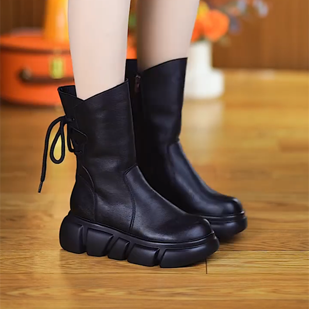 马丁靴女2025年秋冬新款英伦风时尚百搭圆头厚底增高潮酷中筒靴子