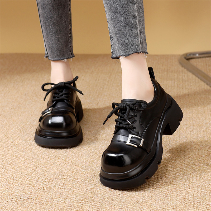 休闲百搭皮鞋女2025新款冬季加绒保暖时尚潮流粗跟增高系带乐福鞋,女鞋,乐福鞋（豆豆鞋）,淘宝优惠券,粉丝福利购,淘宝优惠卷