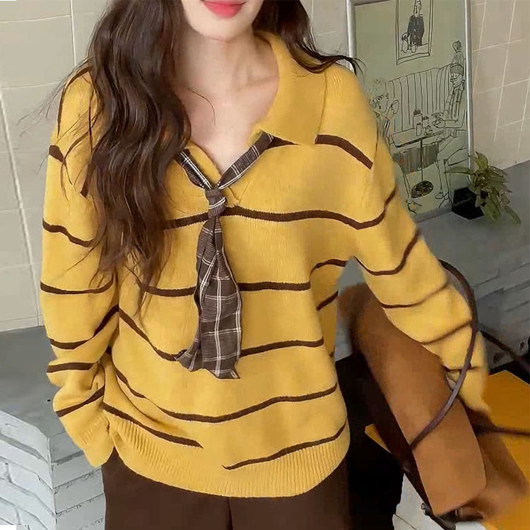 韩系polo领丝巾系带黄色条纹针织衫女秋冬短款翻领宽松套头针织衫
