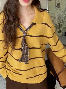 韩系polo领丝巾系带黄色条纹针织衫女秋冬短款翻领宽松套头针织衫