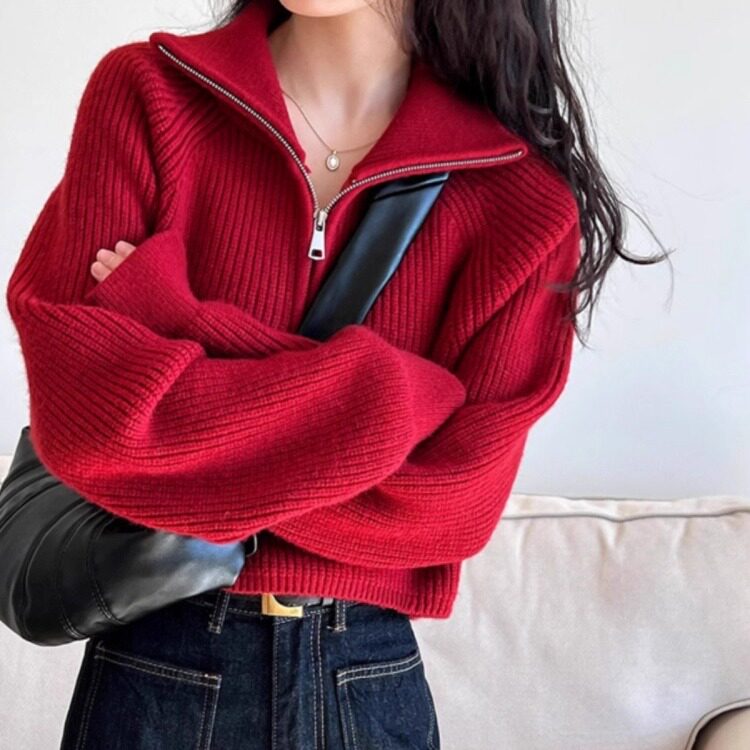 欧美大气红色半拉链polo领高领毛衣女秋冬短款小众高级感套头毛衣