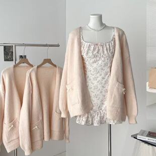 Chao甜美 女春秋宽松毛衣外套 浪漫甜妹纯欲风淡粉色v领针织开衫