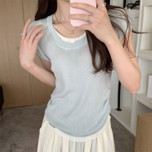 清新温柔蓝沈月同款~腰部抽褶假两件薄款针织短袖女夏修身显瘦T恤
