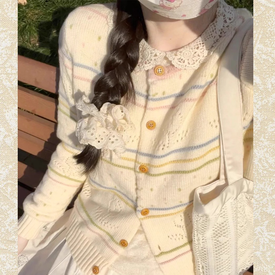 小清新甜美文艺开衫女春秋短款圆领系扣宽松毛衣外套