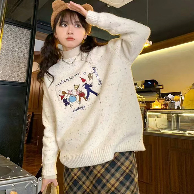 趣味小人刺绣圆领设计感套头毛衣女秋冬短款套头落肩宽松针织衫
