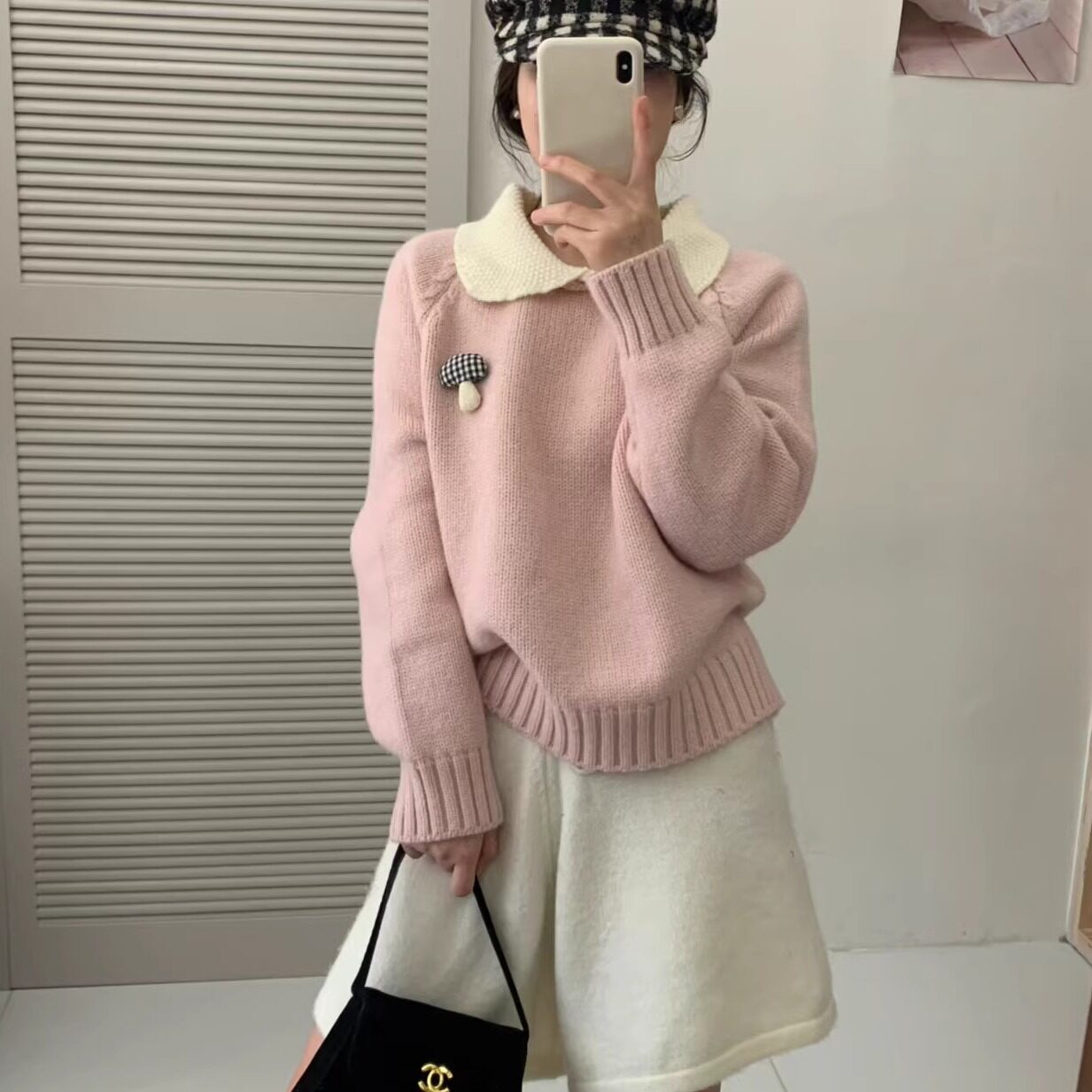 设计感可爱甜美小蘑菇毛衣翻领娃娃领套头针织衫女短款秋冬