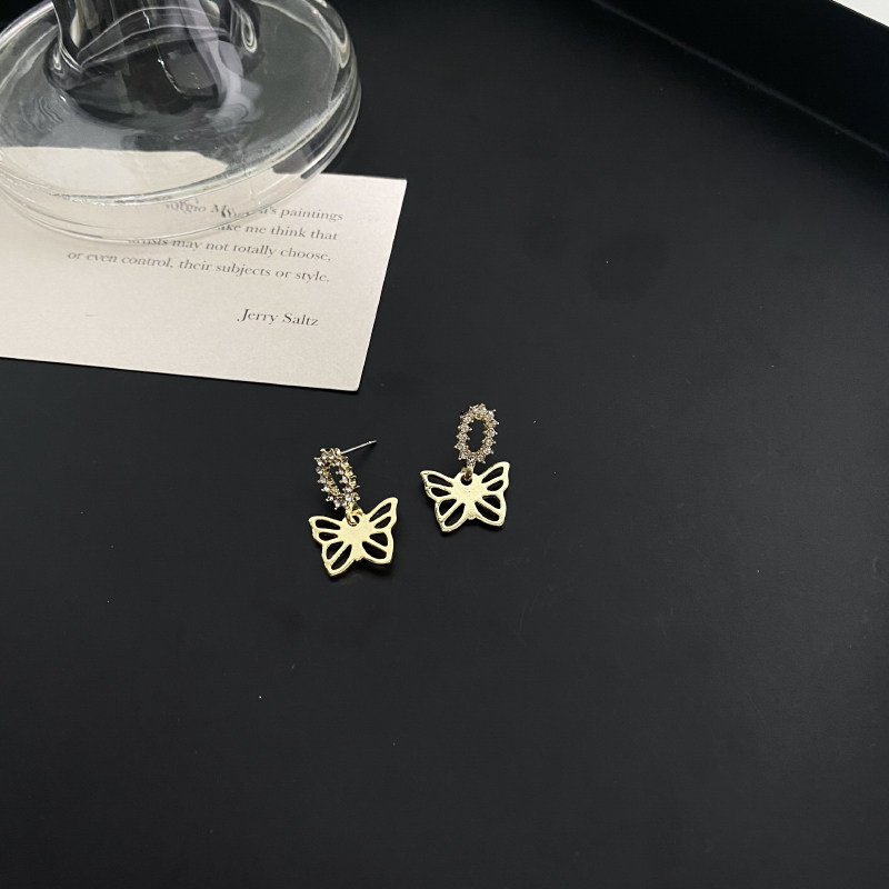 银针夏日新款庄周蝴蝶法式梦幻镂空蝴蝶水钻耳钉仙气少女耳环