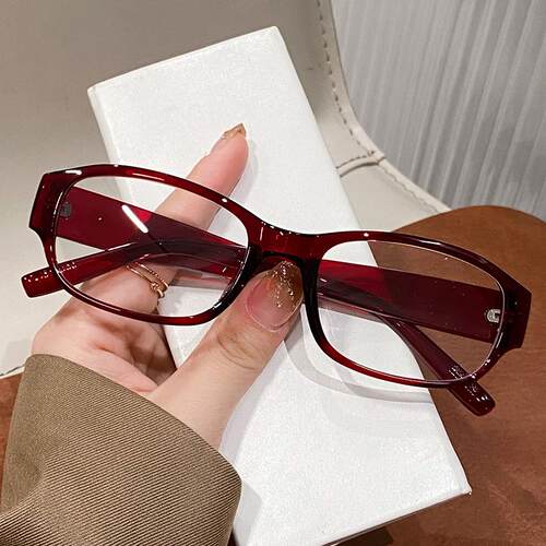 复古红色椭圆装饰眼镜架无镜片女