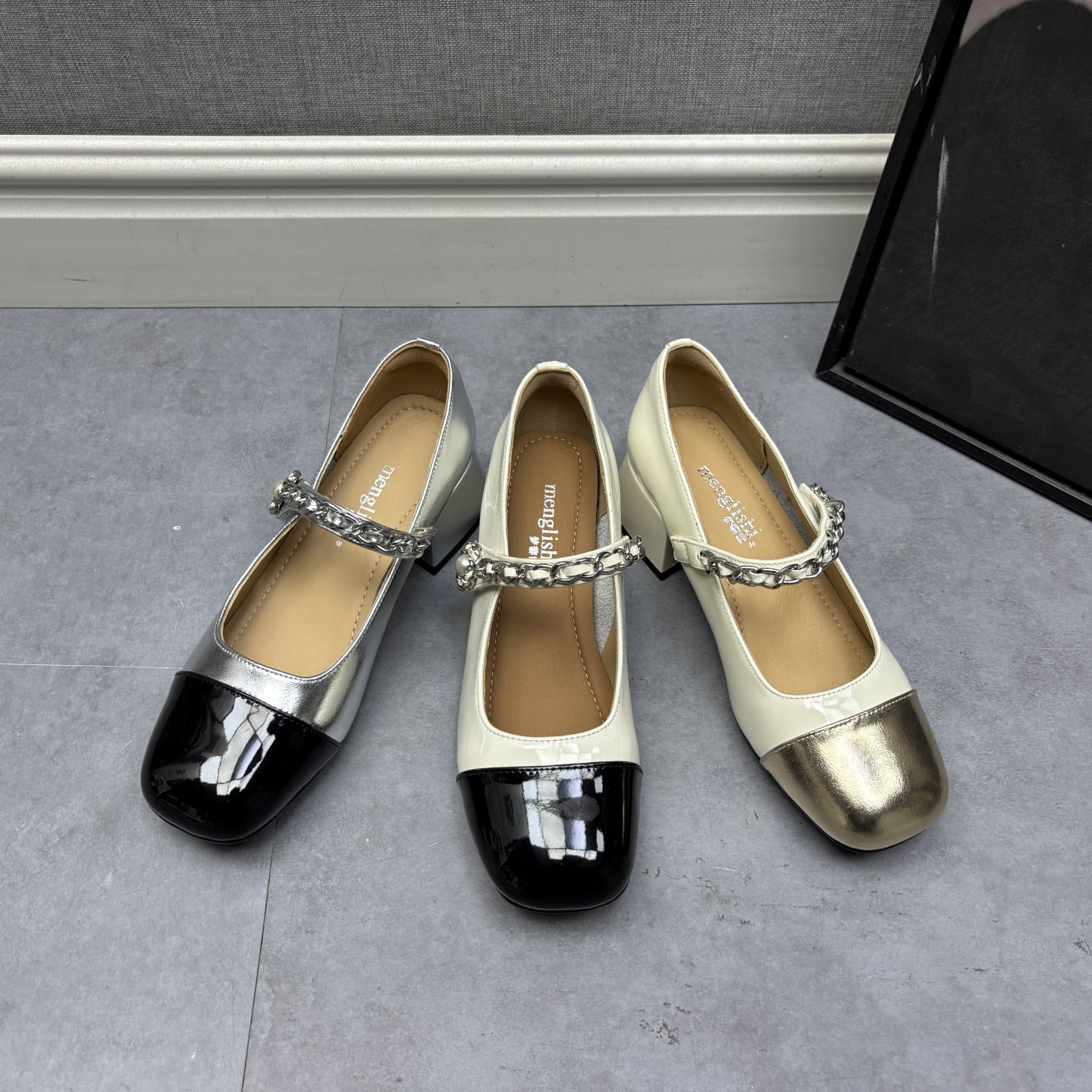 春季舒适方头玛丽珍鞋女拼色粗跟一字带扣百搭单鞋中跟女单鞋