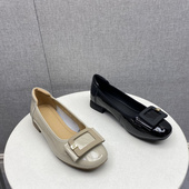 26春季 女 单鞋 舒适通勤风浅口单鞋 女圆头粗跟方扣漆皮百搭软底鞋