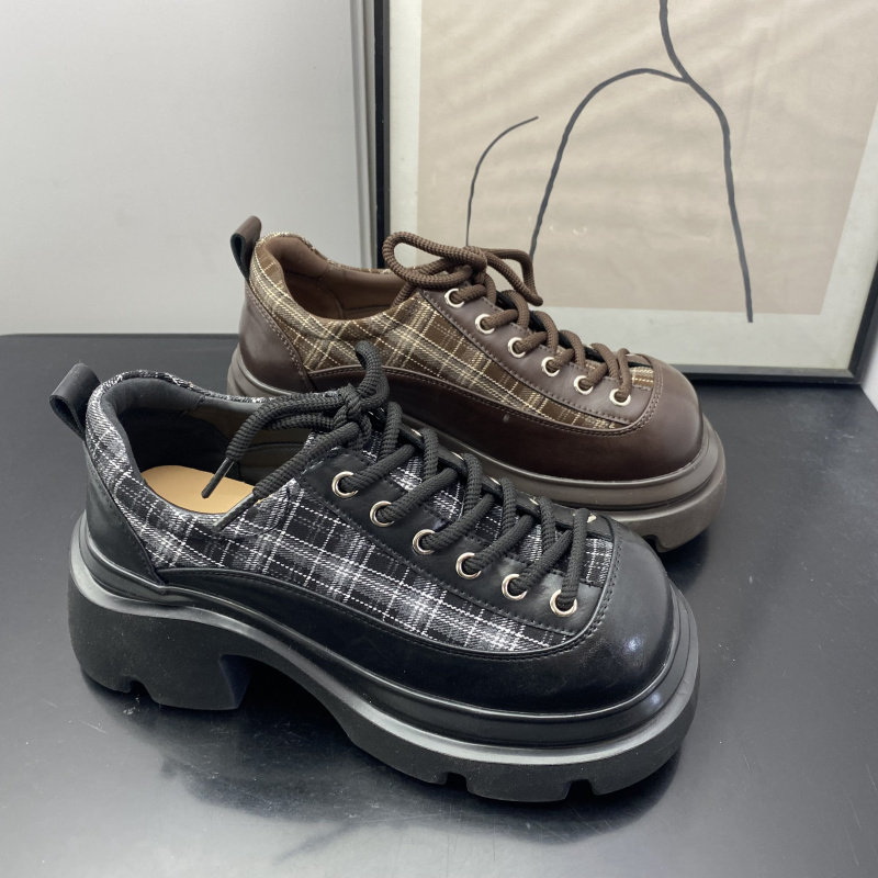 厚底增高英伦风拼接女鞋深口系带格子松糕底中跟百搭休闲单鞋女,女鞋,深口单鞋,淘宝优惠券,粉丝福利购,淘宝优惠卷