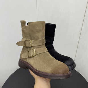 2025秋季新款磨砂牛皮粗跟短靴女单里套脚马丁靴机车扣带大黄靴子