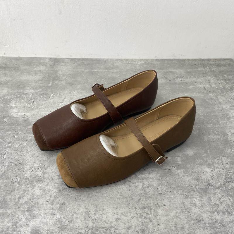 2025春季新款拼接方头显瘦浅口平底单鞋女一字带舒适配裙子奶奶鞋