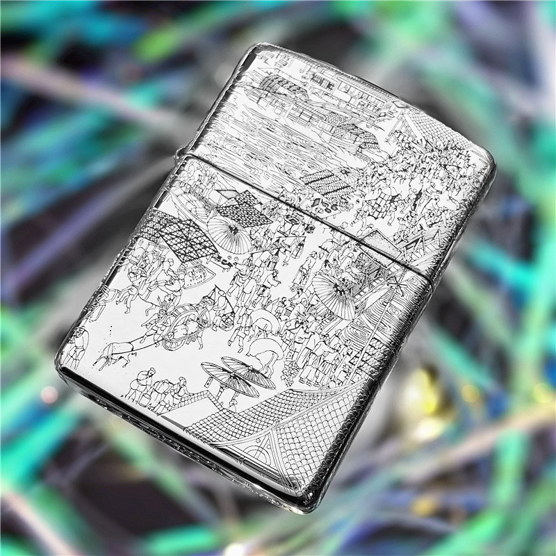 zippo正品打火机之宝纯银盔甲清明上河图收藏防风zp 男士礼品收藏
