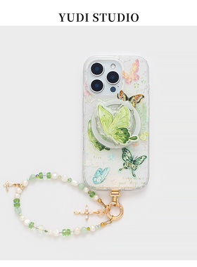 复古早春闪粉绿色蝴蝶磁吸支架适用16pro天然淡水珍珠手机链苹果16ProMax手机壳iPhone15Promax磁吸14保护套