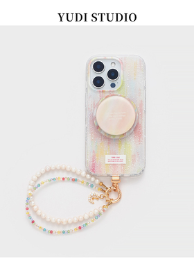 橙色晕染彩虹适用苹果17promax磁吸手机壳天然淡水珍珠手机链新款iPhone15Pro保护套16Pro高级13简约双层大孔