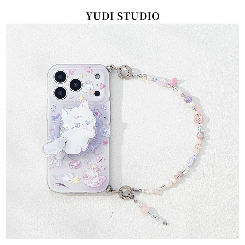 紫色小猫旋转磁吸支架适用苹果17pro新款手机壳iphone15温柔猫咪14天然淡水珍珠手机链条16promax少女心可爱
