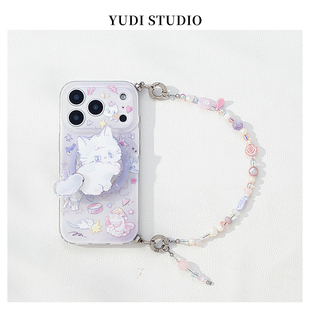 紫色小猫旋转磁吸支架适用苹果17pro新款 手机壳iphone15温柔猫咪14天然淡水珍珠手机链条16promax少女心可爱