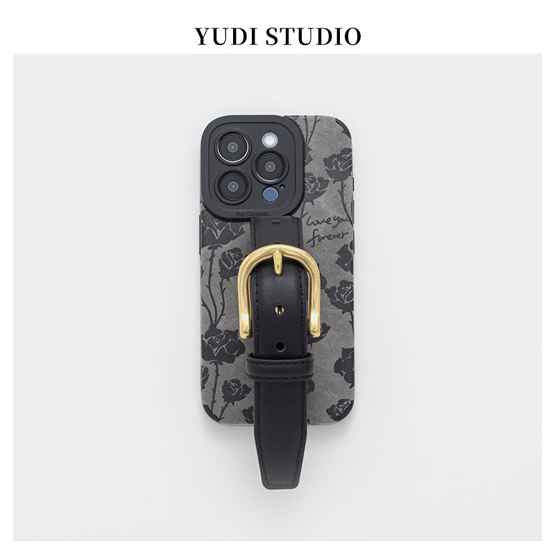 复古黑灰色玫瑰花经典小香风适用iPhone15手机壳14牛皮带腕带苹果16promax套支架华为p60 mate60名媛保护套