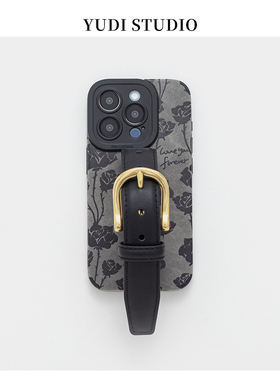 复古黑灰色玫瑰花经典小香风适用iPhone15手机壳14牛皮带腕带苹果16promax套支架华为p60 mate60名媛保护套